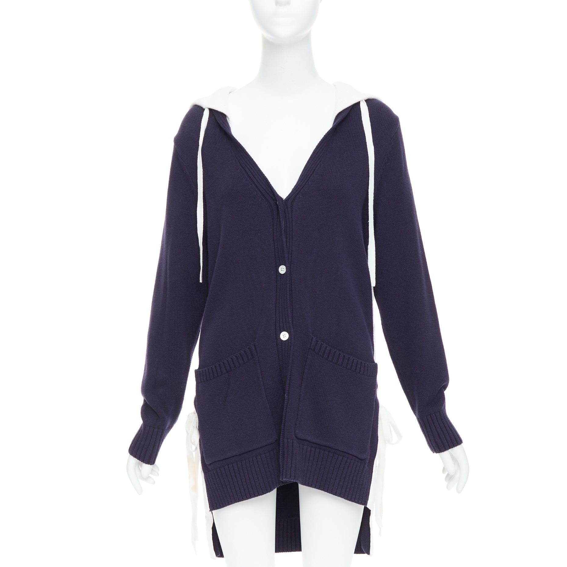 MONSE MONSE navy white cotton blend laced side hooded cardigan XS Size S / US 4 / IT 40 - 1 Thumbnail