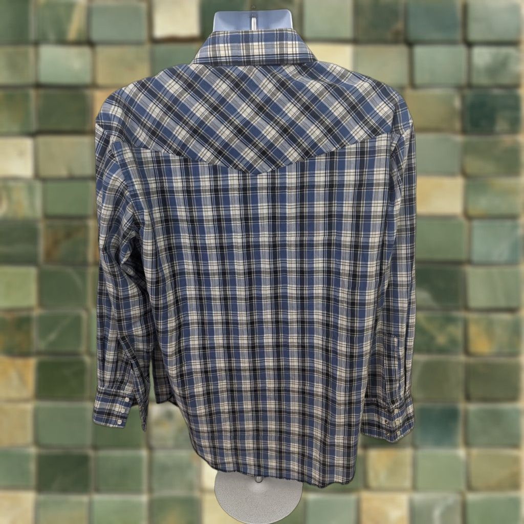 Wrangler VINTAGE Wrangler Pearl Snap Shirt Mens Large Blue Plaid Long Sleeve Button Up L6M Size US L / EU 52-54 / 3 - 1 Thumbnail