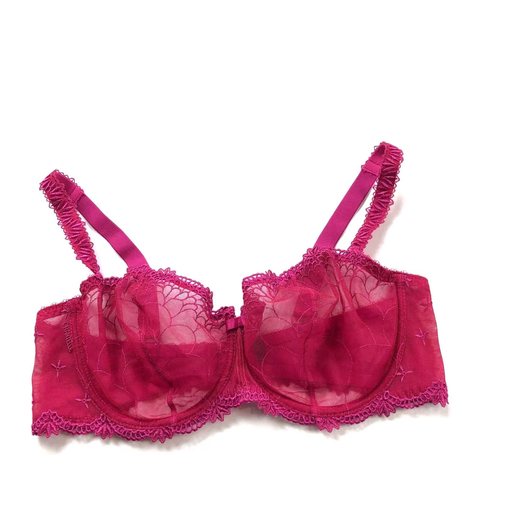 Vintage Chantelle Bra 36DD Underwired Lace Unlined Floral Orange Pink Full Coverage Womens DD Cup 90s Theme Ladies Size ONE SIZE - 2 Thumbnail