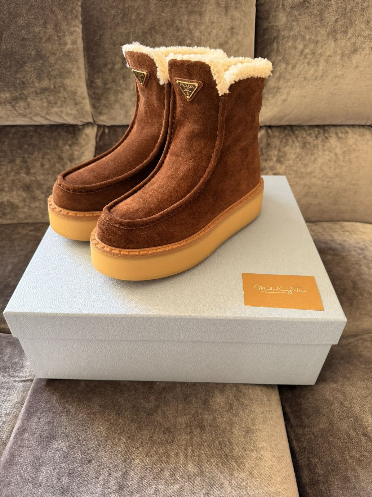 Prada BNWT $1450 Prada Brown Suede Leather Lambskin Fur Boots Size US 8 / IT 38 - 1 Thumbnail