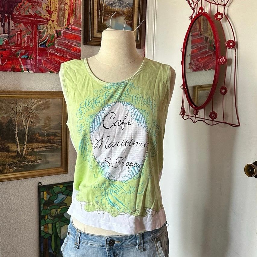 Other s oliver green white cafe graphic tank top Size L / US 10 / IT 46 - 1 Thumbnail