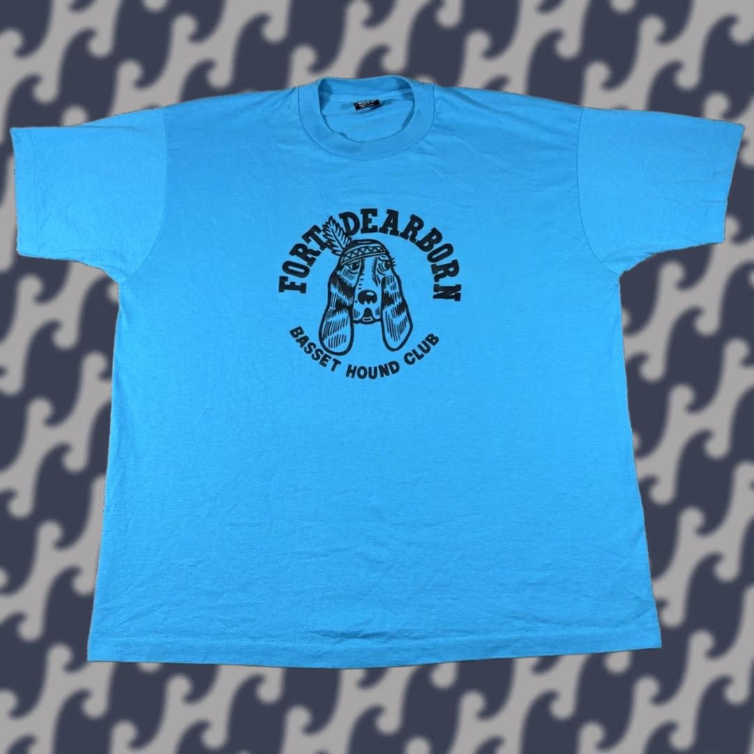Fruit Of The Loom VINTAGE Fort Dearborn Basset Hound Club Dog Graphic T-Shirt Blue USA Made XXL Unisex Adults Short Sleeve Crew Neck Cotton Blend USA Dog Mens Womens Size US XXL / EU 58 / 5 - 1 Thumbnail