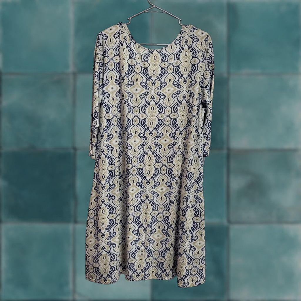 Vintage FRESH PRODUCE Dress Women XL Multi Ikat Print Pocket 3/4 Sleeve Casual USA Knit 100% Cotton Knee Length Womens Size XL / US 12-14 / IT 48-50 - 1 Thumbnail