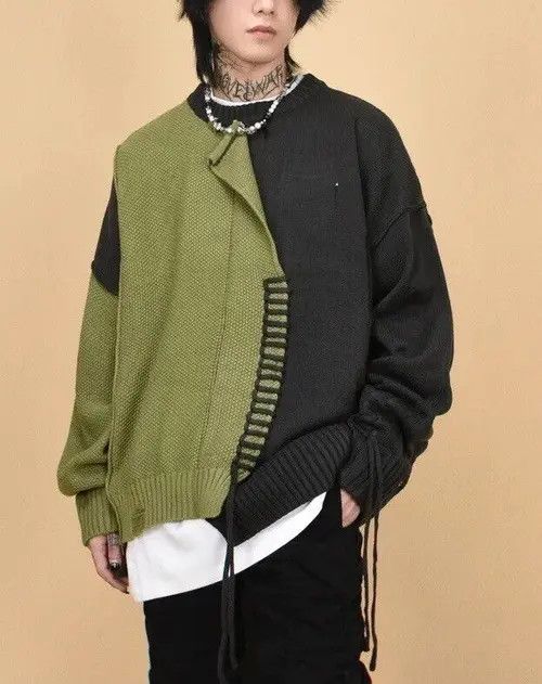 image of Vintage Retro Punk Grunge Distressed Patchwork Knitwear Sweater Y2K in Black Green (Size Large)