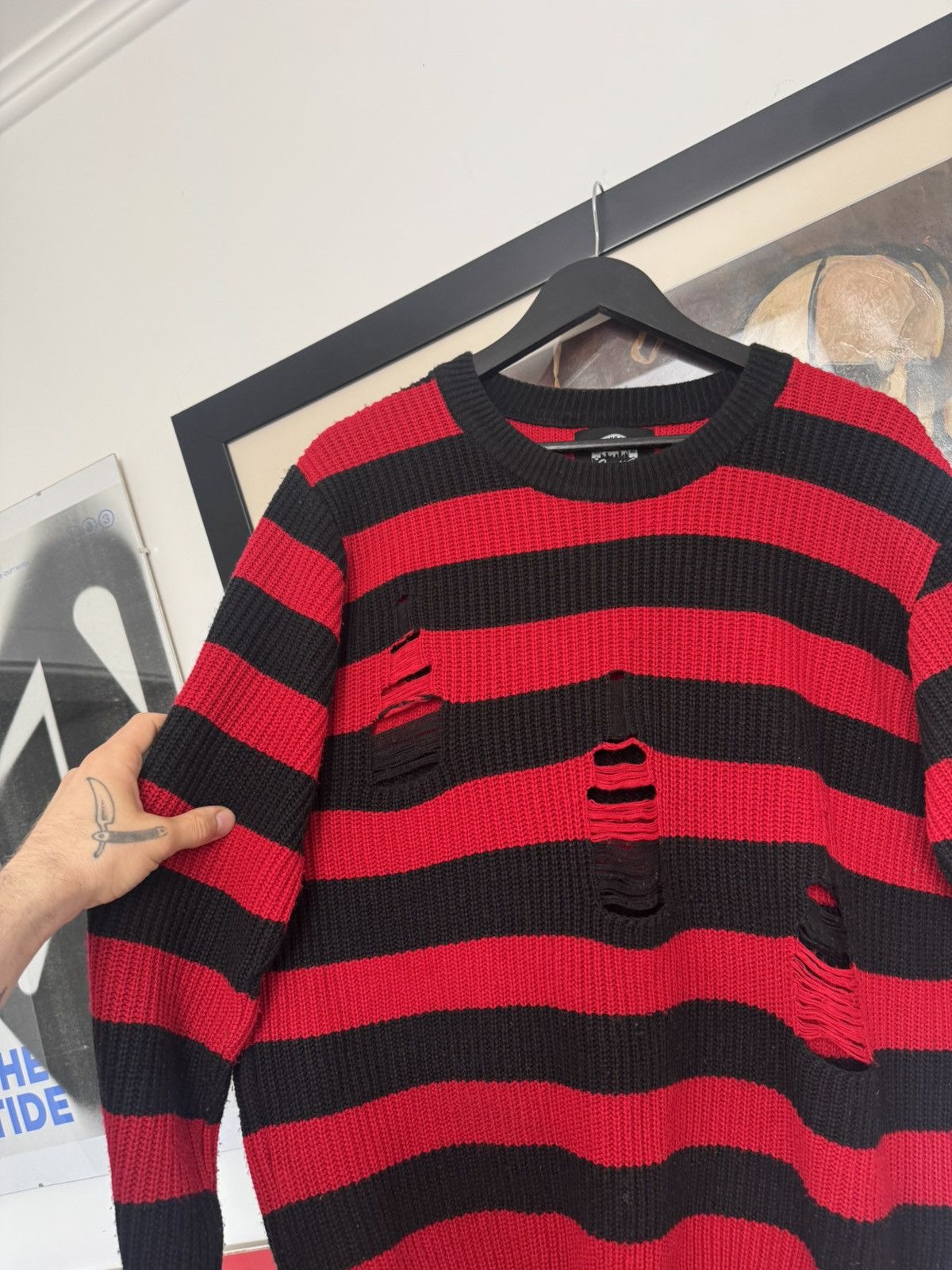 Vintage Oversized Fit Knit Sweater Striped Distressed Krueger Y2k Size US L / EU 52-54 / 3 - 2 Thumbnail