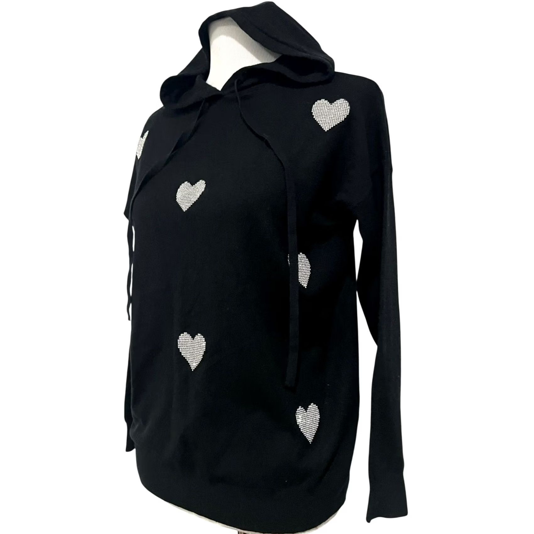 Vintage Aaeda Women’s Sweater Hooded Hoodie Rhinestone Hearts Bling Black Size S Pullover Womens Size S / US 4 / IT 40 - 2 Thumbnail