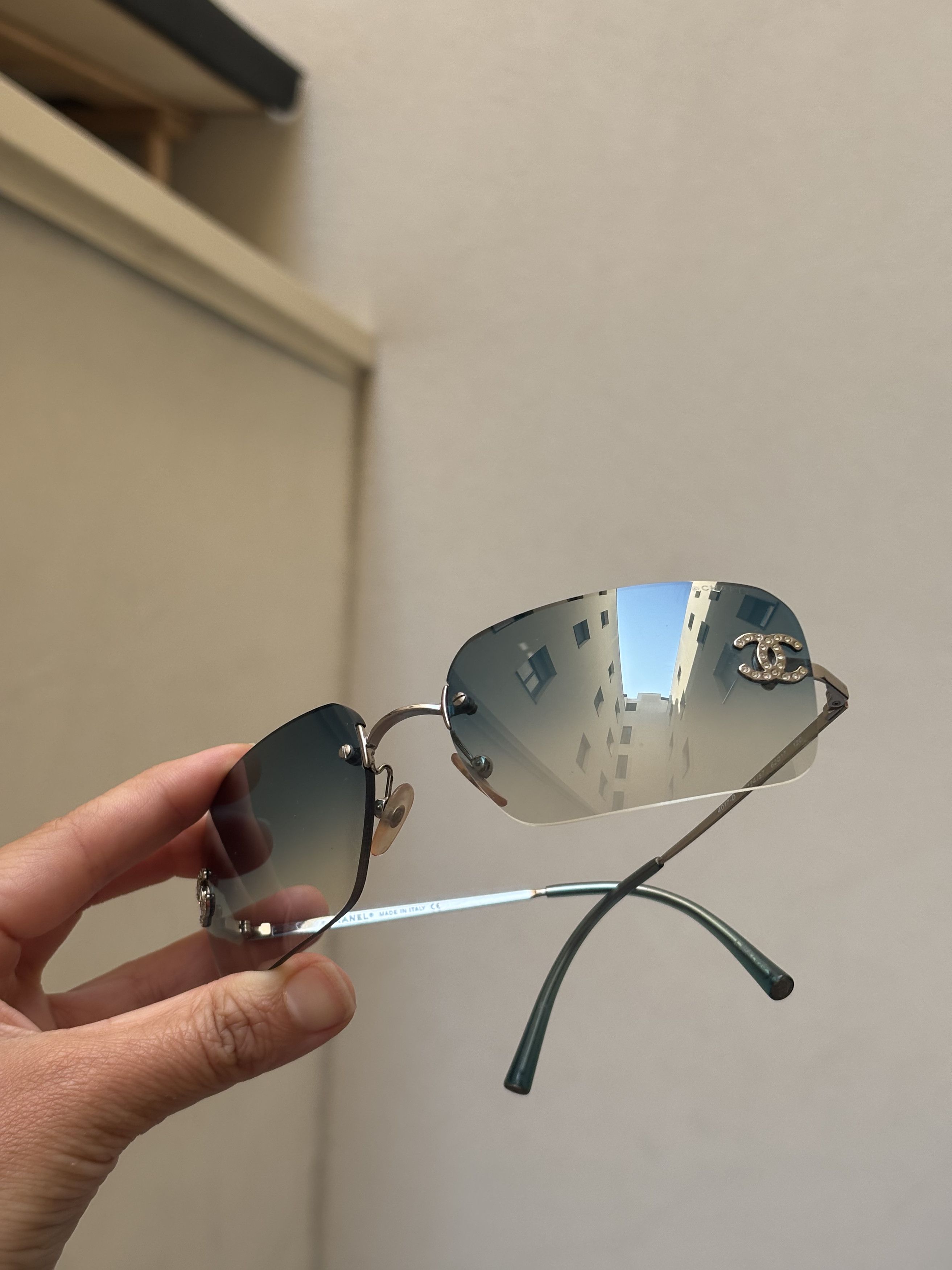 Chanel Sunglasses 4017-D Rhinestone Logo Rimless Vintage