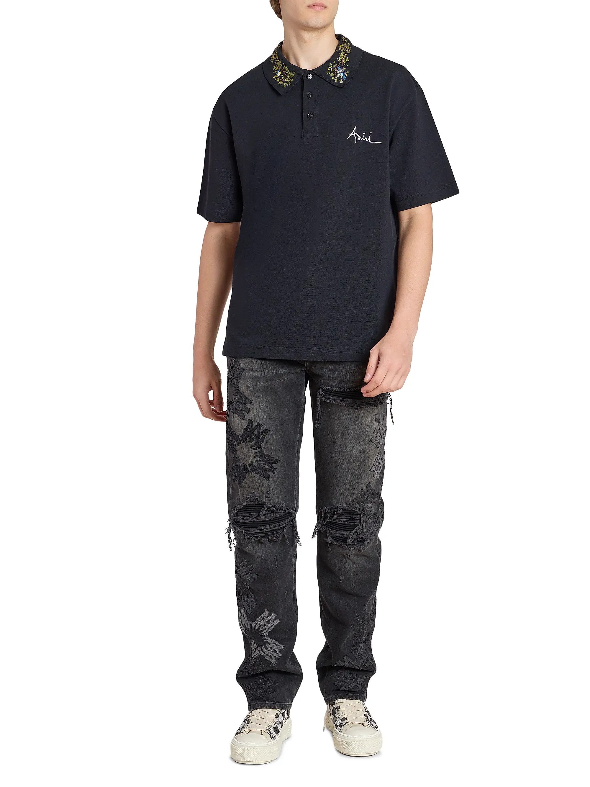 Amiri os11x0526 Embroidered Floral Collar Polo Shirt in Black Size US S / EU 44-46 / 1 - 2 Thumbnail