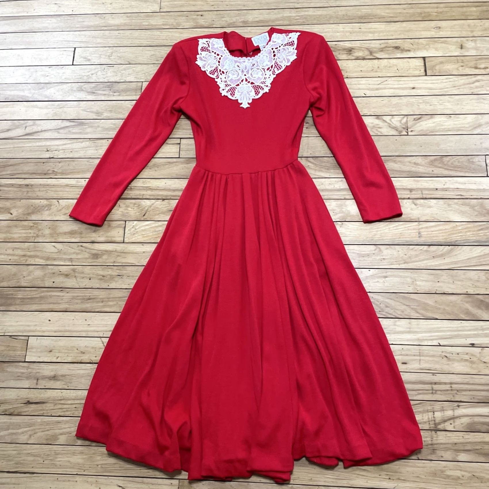 Vintage VINTAGE Expo Prairie Dress Womens 1980s Red Wool Lace Trim Made USA 8 Zipper Size M / US 6-8 / IT 42-44 - 3 Thumbnail