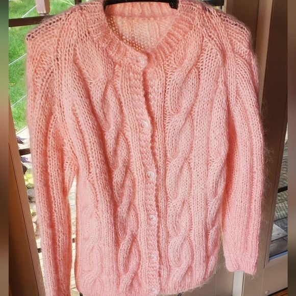Vintage Handmade Cable Knit Light Pink Button-down Sz. L Swe