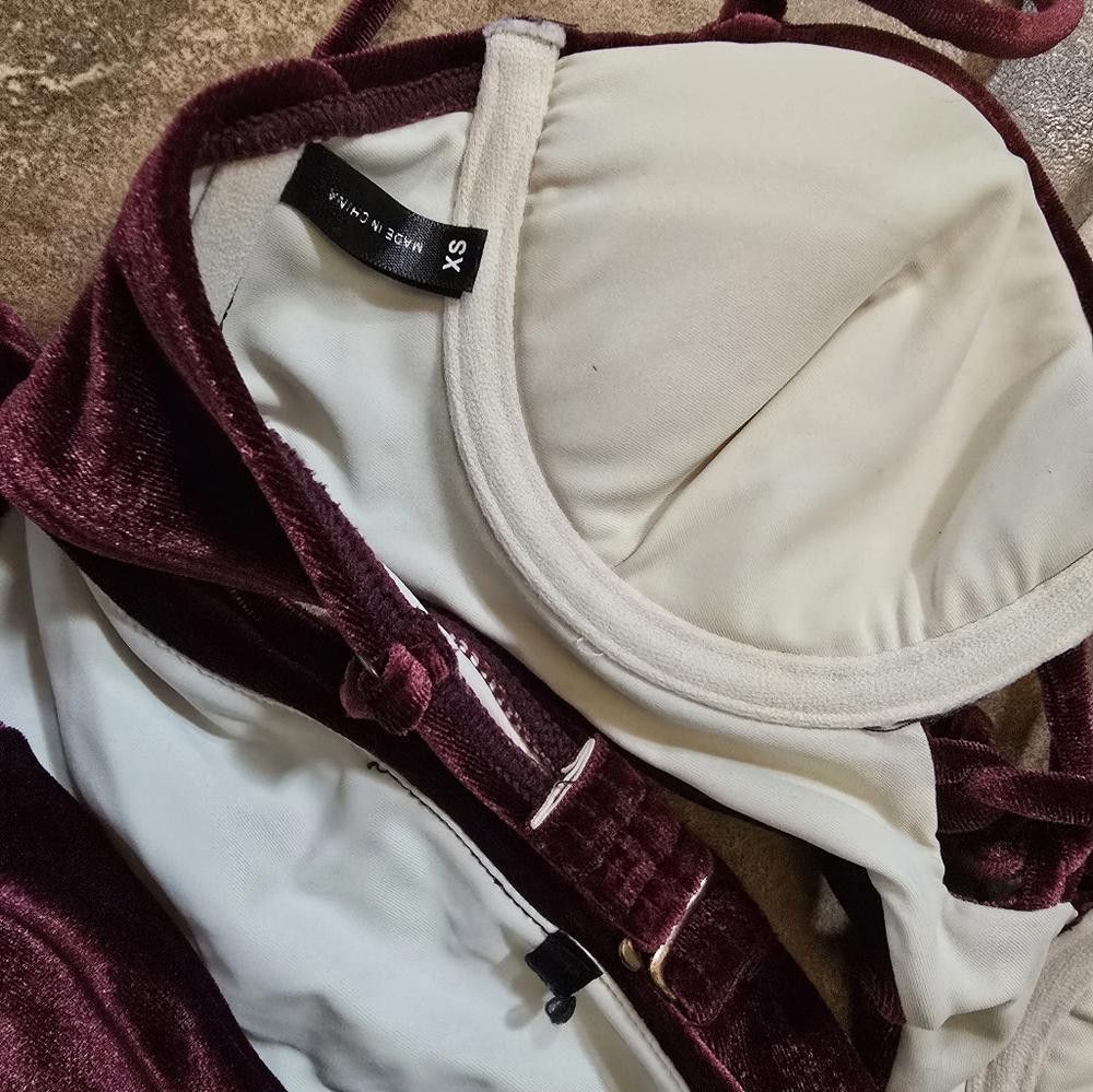 Designer Dark Burgundy Velvet Lush Lingerie Nightie Set Size ONE SIZE - 4 Thumbnail