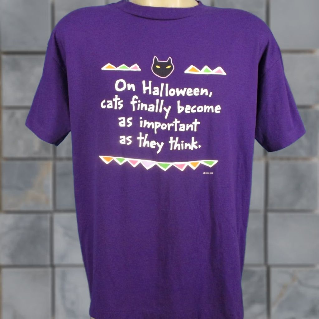 Vintage vtg 80s Hallmark CATS Become AS Important AS They Think Christmas Halloween T-Shirt LARGE Mens Purple 80s 90s joke Size US L / EU 52-54 / 3 - 1 Thumbnail