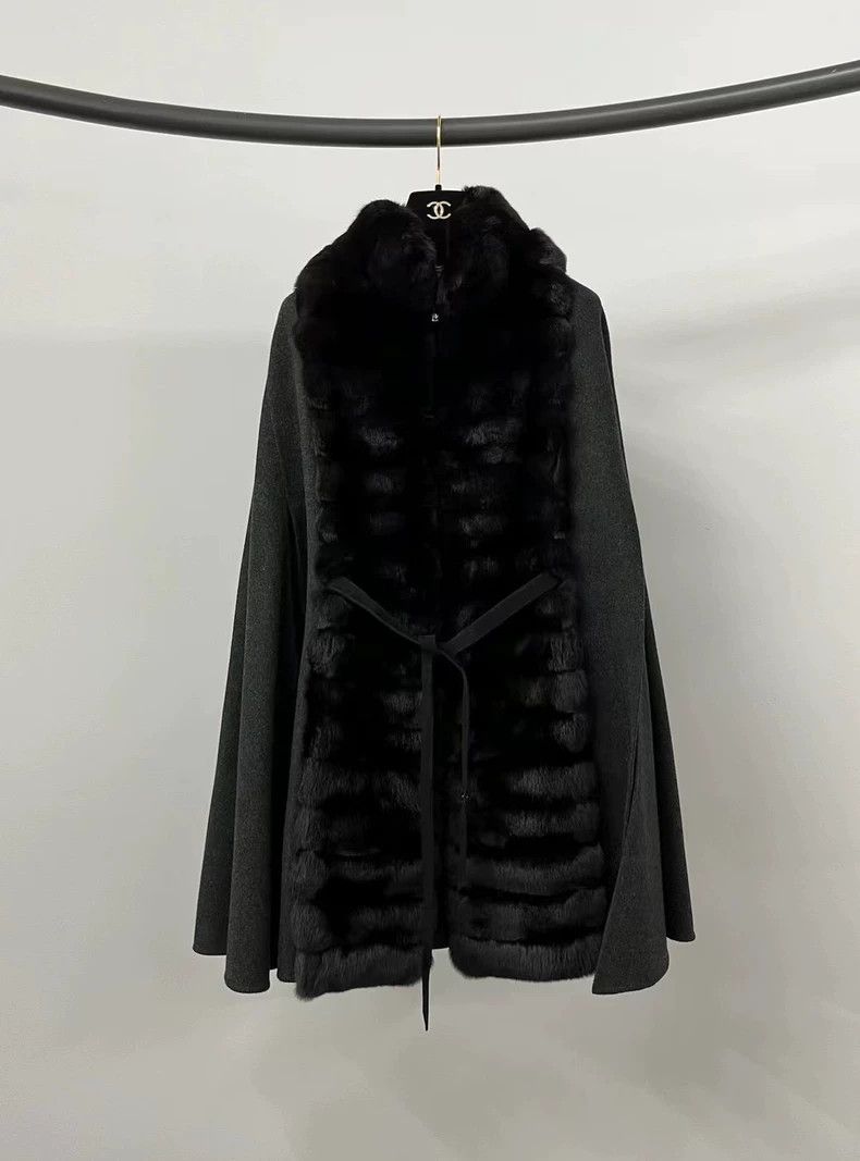 Loro Piana LORO PIANA Black cashmere and dragon cat fur cloak coat, Size M / US 6-8 / IT 42-44 - 1 Thumbnail