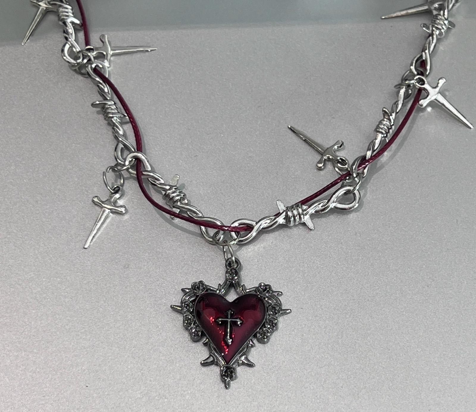 Jewelry Silver Barbed Wire Cross Necklace with Red Heart Pendant Size ONE SIZE - 5 Thumbnail