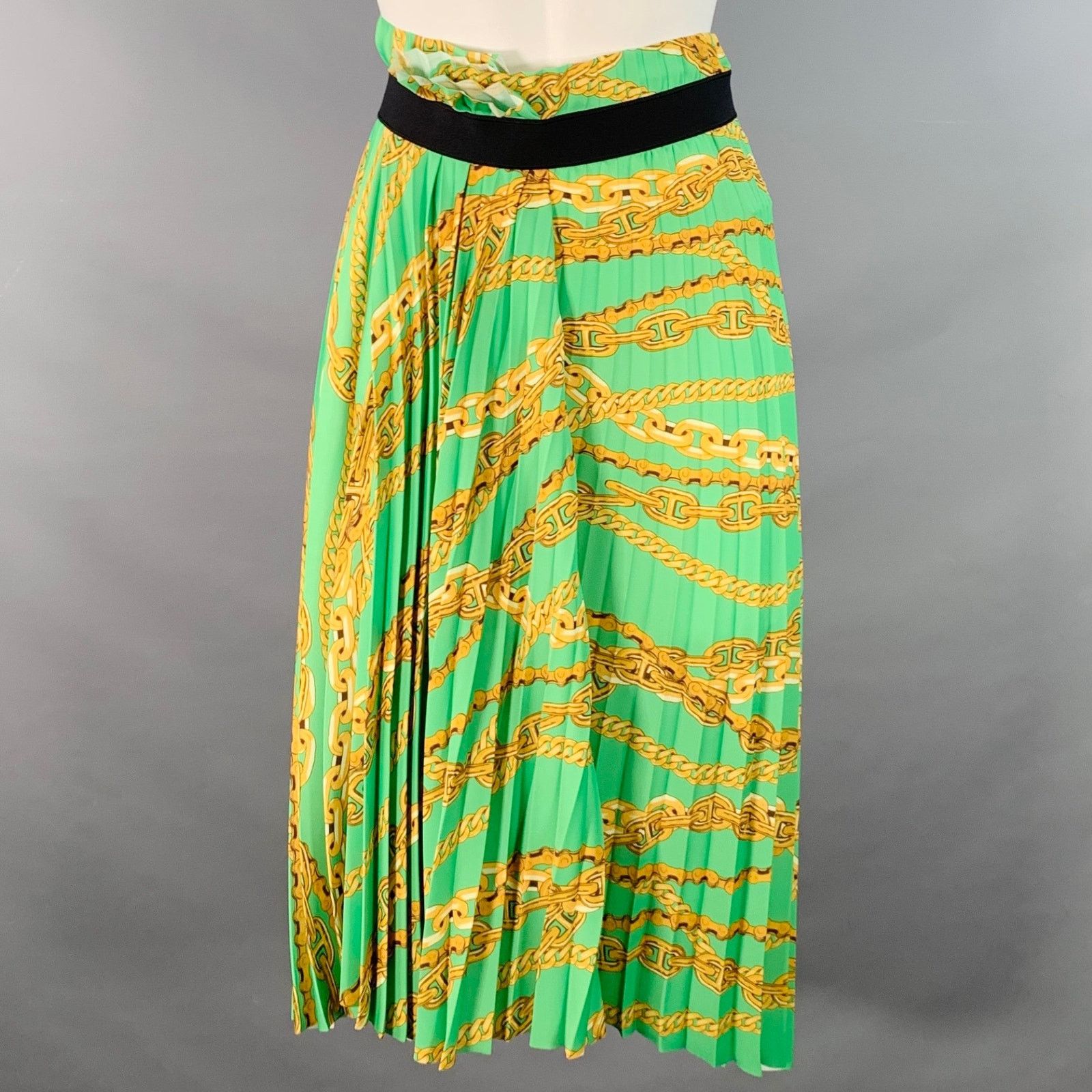 Balenciaga Size 6 Green Gold Polyester Chain Pleated Midi Skirt Size 28" / US 6 / IT 42 - 1 Thumbnail