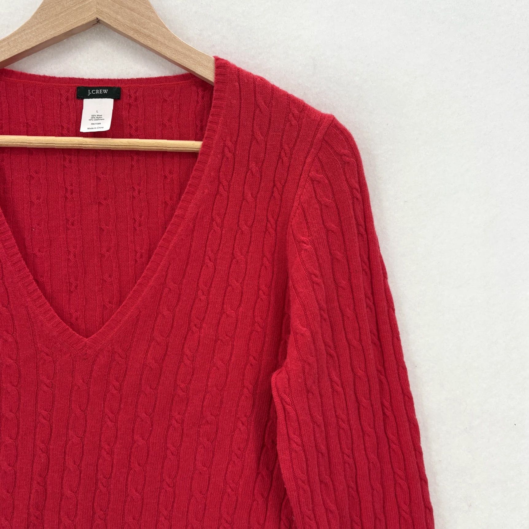 J.Crew J.CREW Sweater Womens Red Cable-Knit V-Neck Wool Cashmere Raglan Pullover Size L / US 10 / IT 46 - 2 Thumbnail