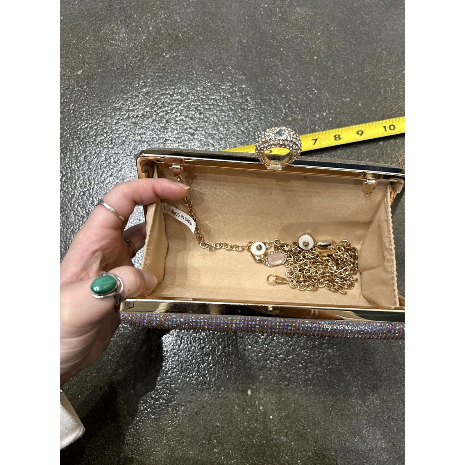 Vintage Crystal Clutch Bag Womens Small Gold Ring Handle Evening Purse Rhinestone Ring Clasp Detachable Strap Satin Beige Gold-tone Hardware Mens Womens Size ONE SIZE - 5 Thumbnail