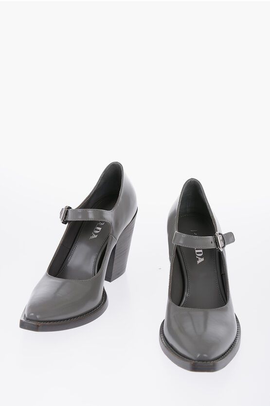image of Prada Pointed Brushed Leather Maryjanes Heel Shoes 9 Cm in Grey, Women's (Size 8)