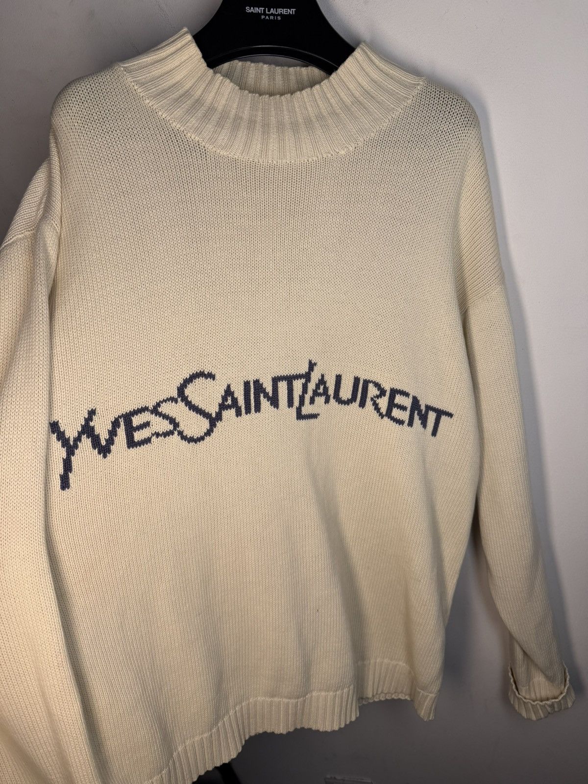 Yves Saint Laurent Cream YSL Sweater Knit Big Logo Turtleneck y2k Sweatshirt Size US L / EU 52-54 / 3 - 17 Thumbnail