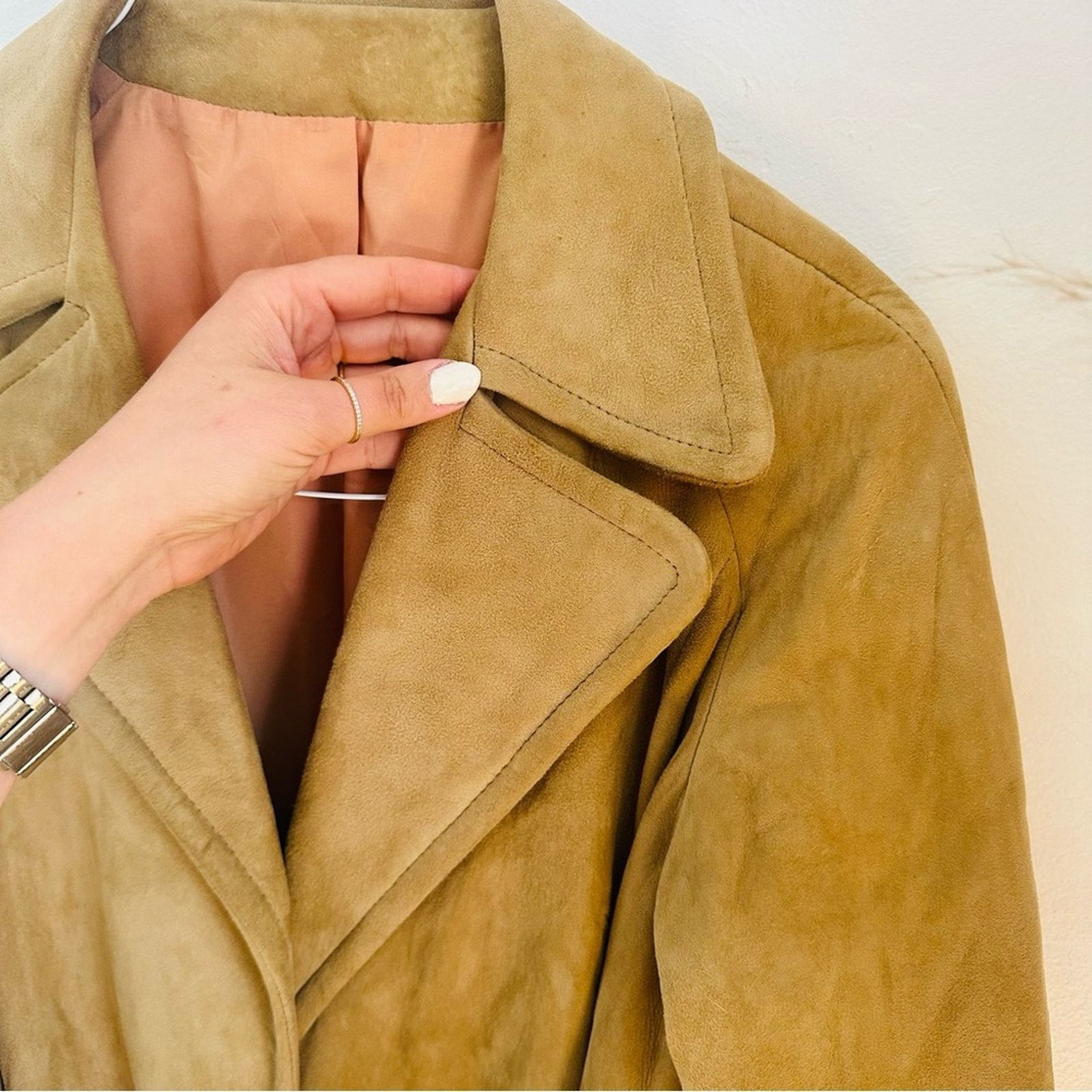 Vintage VINTAGE Beige Tan Camel Suede Leather Trench Coat Tie Jacket Size M / US 6-8 / IT 42-44 - 9 Thumbnail