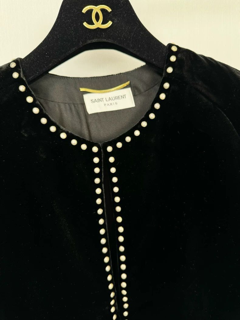 Saint Laurent Paris Saint Laurent Velvet Dress with White Beading-2507 Size L / US 10 / IT 46 - 3 Thumbnail