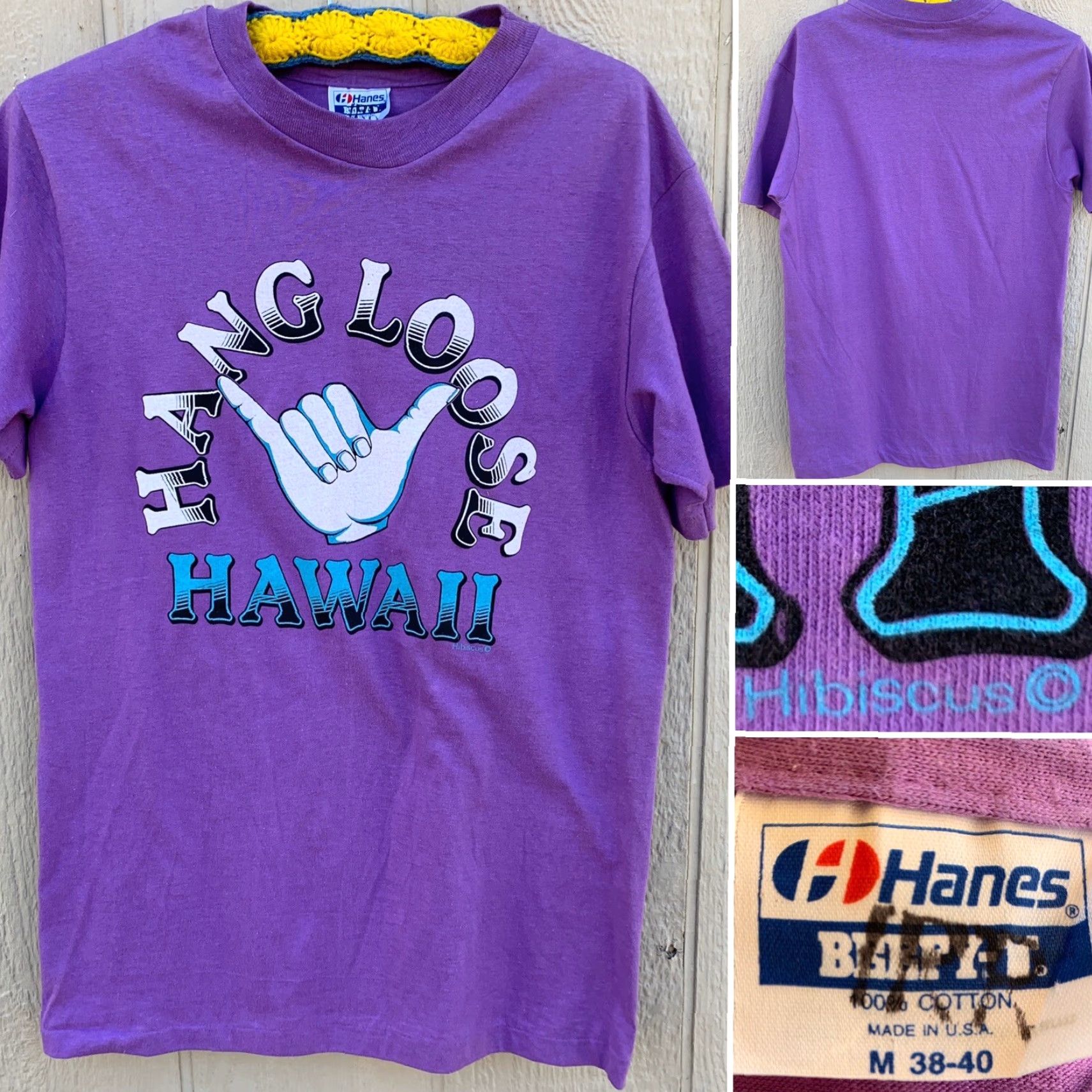 Hanes Vintage Hang Loose Hawaii T-Shirt Single Stitch Made In USA M 38-40 Mens Graphic Tee Hawaii Purple Cotton 1980s Hanes Regular US Vintage Iron-on? Size US M / EU 48-50 / 2 - 3 Thumbnail
