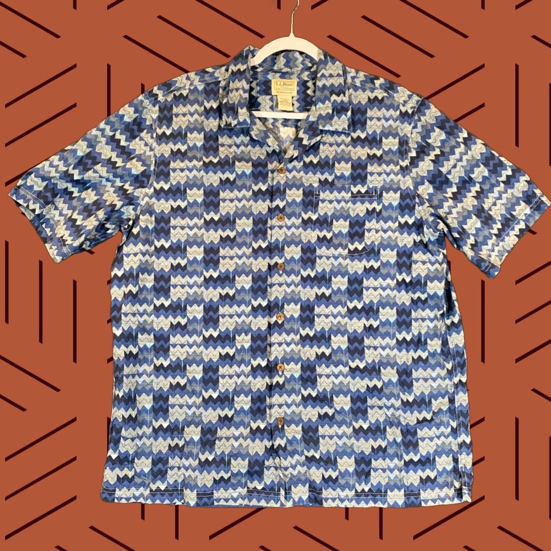 Vintage L.L. Bean Men's Shirt Large Blue Geometric Short Sleeve Button-Up Outdoor Casual Formal Travel Size US L / EU 52-54 / 3 - 1 Thumbnail