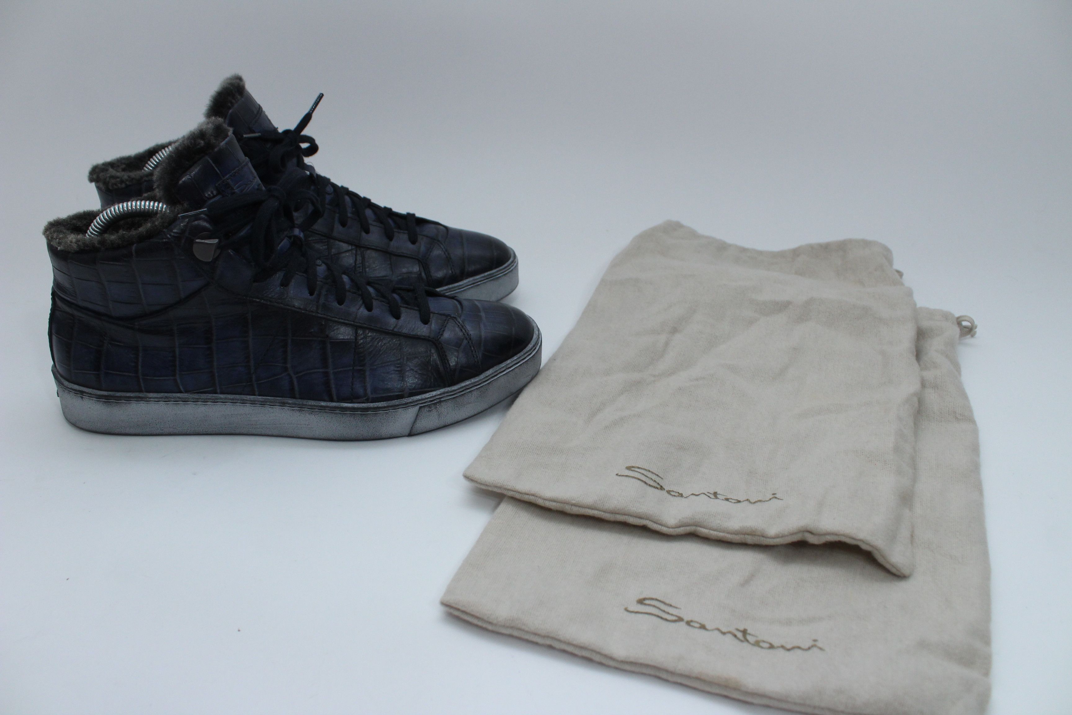 Santoni Santoni Navy Crocodile Embossed Leather Fur Lined Sneakers Size US 8 / EU 41 - 3 Thumbnail