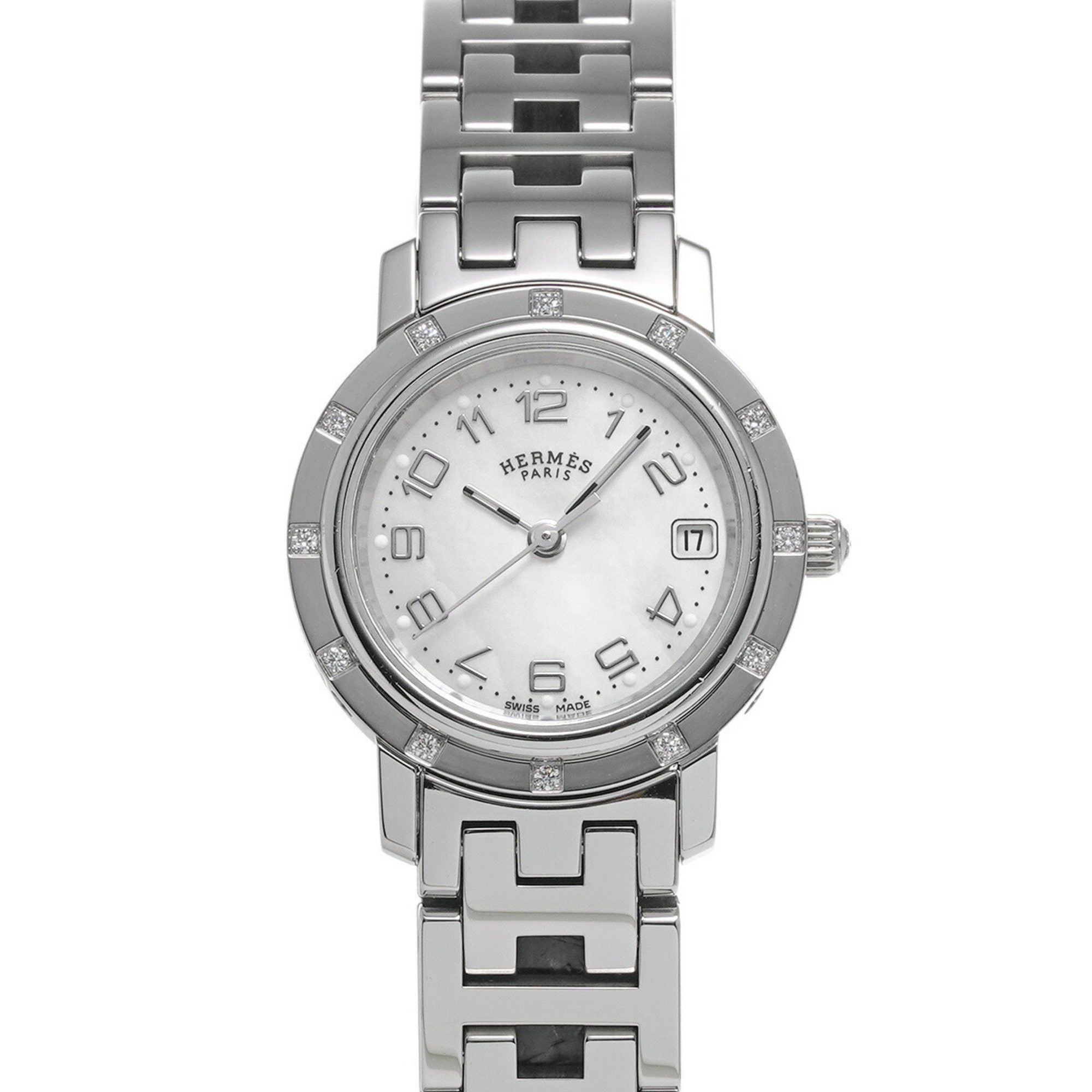 image of Hermes Clipper Nacle 12P Diamond Cl4.230 Ladies Ss Watch Quartz Shell Dial in White Shell, Women's