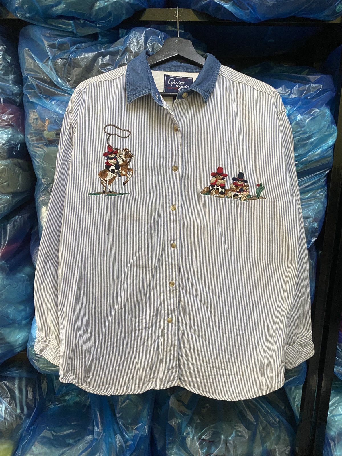 Cowboy Equipment × Vintage Vintage Quiz Again Embroidered Cowboy Shirt – Blue Striped Size US M / EU 48-50 / 2 - 1 Thumbnail