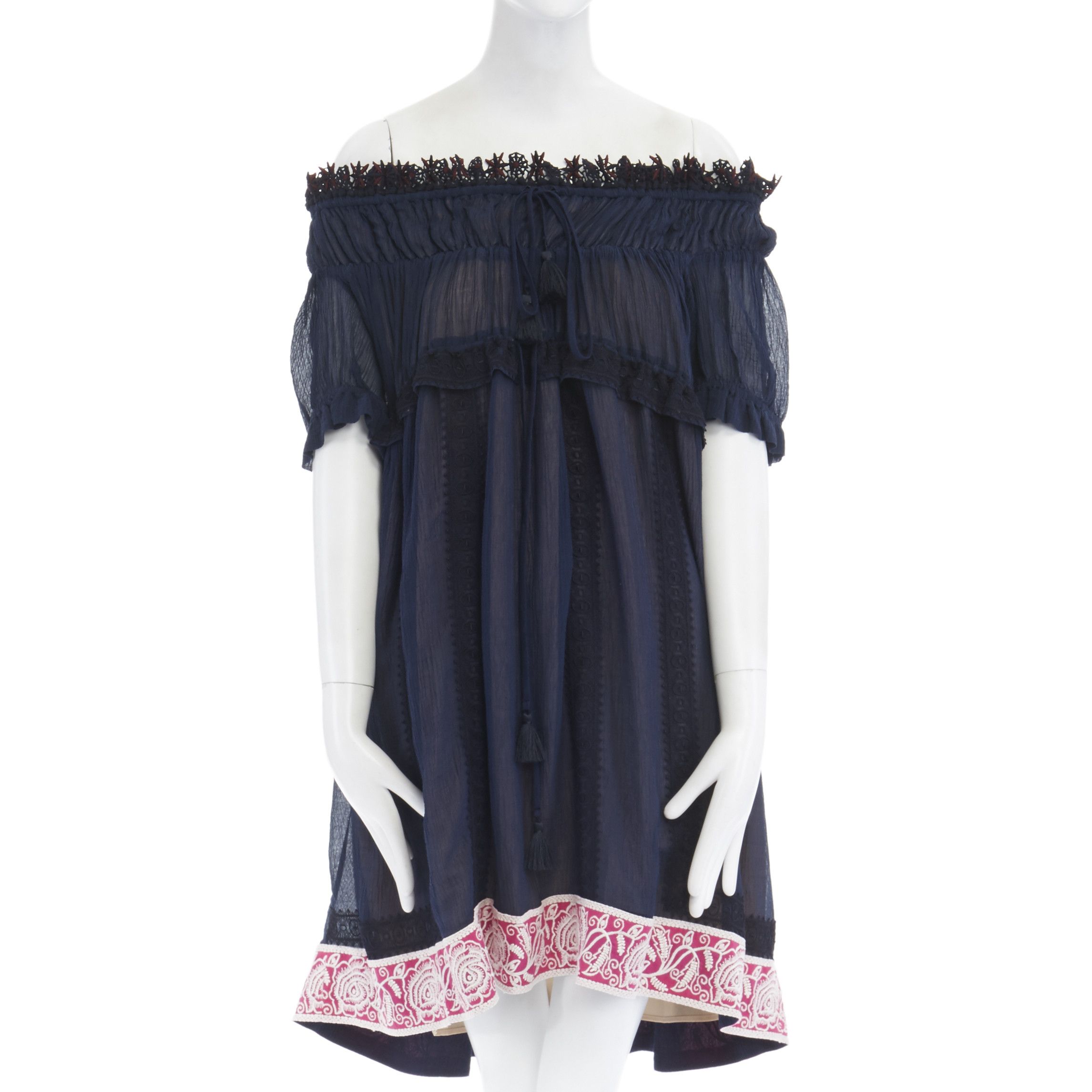 Chloe new CHLOE navy embroidery lace trim off shoulder boho dress FR36 S Size S / US 4 / IT 40 - 1 Thumbnail