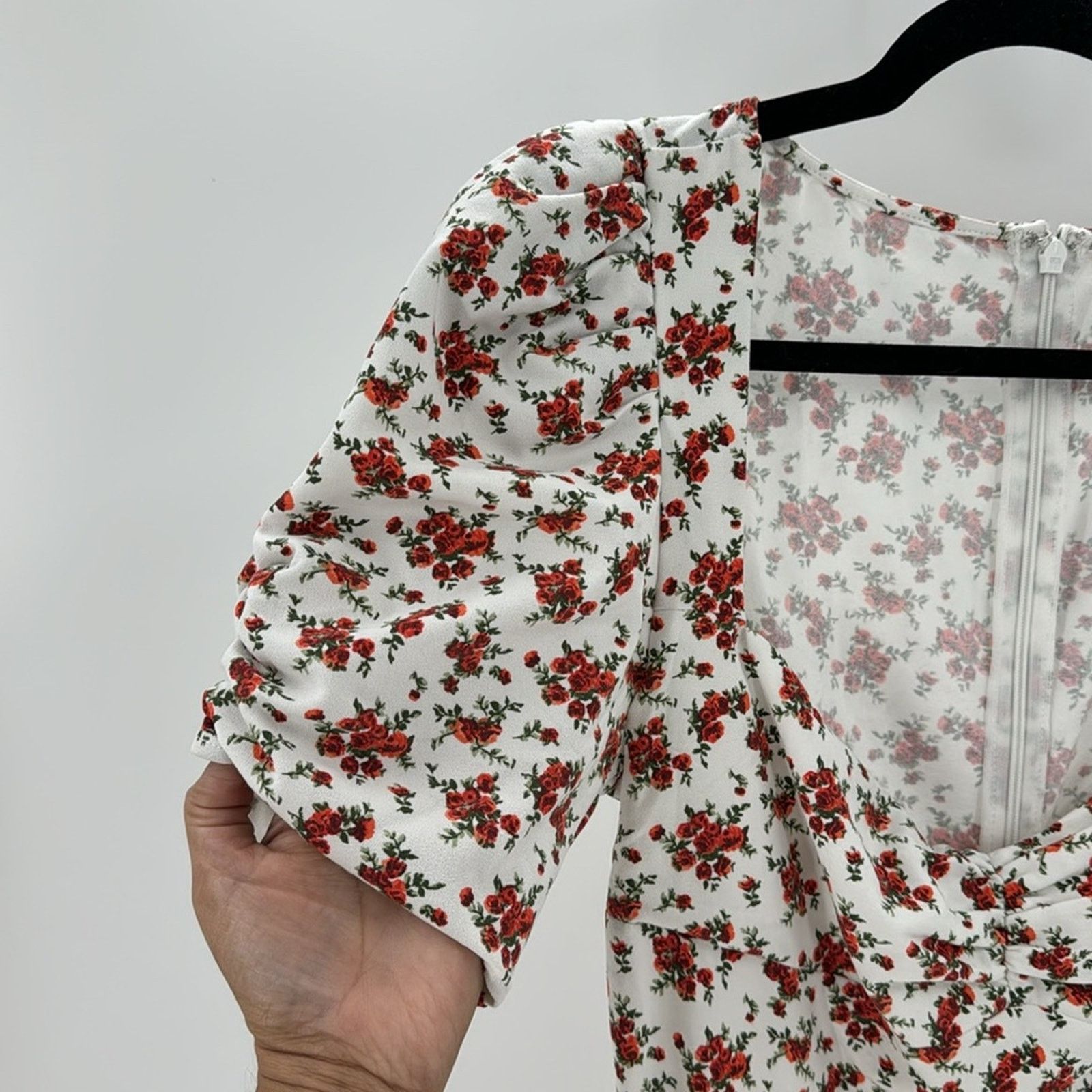 Other Danielle Bernstein White red Floral Midi Dress Puff Sleeve Size XS / US 0-2 / IT 36-38 - 5 Thumbnail