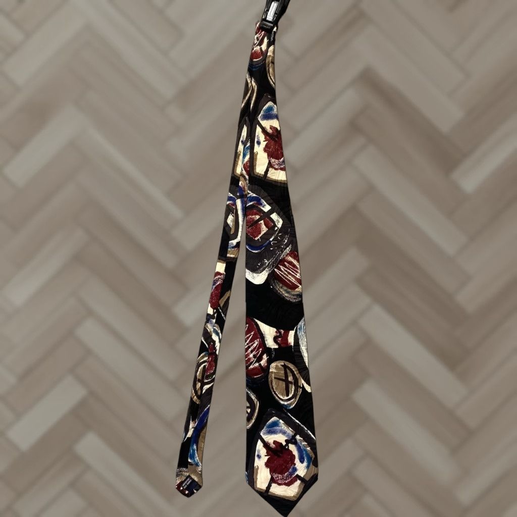 Vintage VINTAGE Roffe New York Men's 57" Tie Silk Geometric Abstract Woven Navy Blue Brown Made in USA Size ONE SIZE - 1 Thumbnail