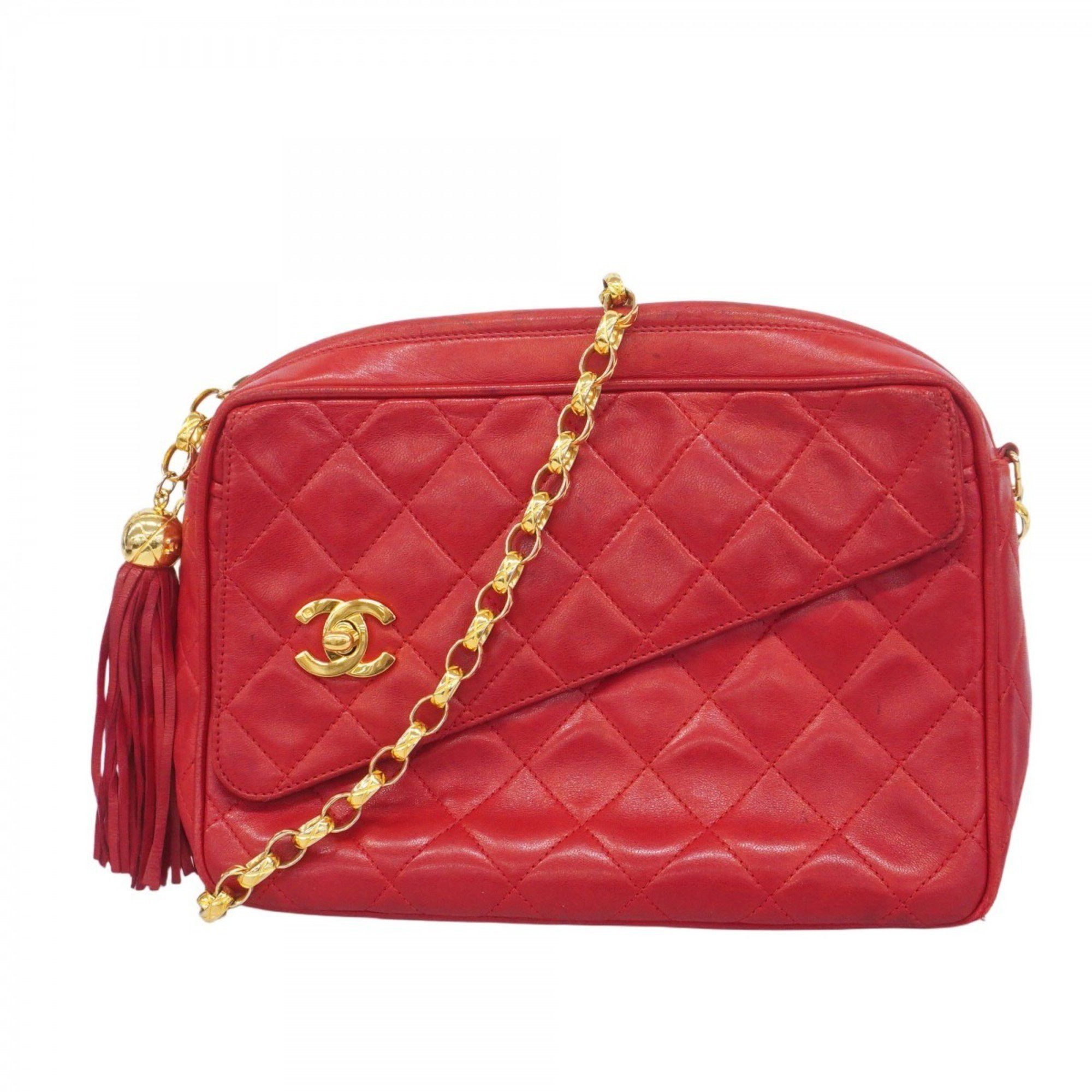 Chanel Shoulder Bag With Matelasse Chain Bag, Lambskin, Red, Women's