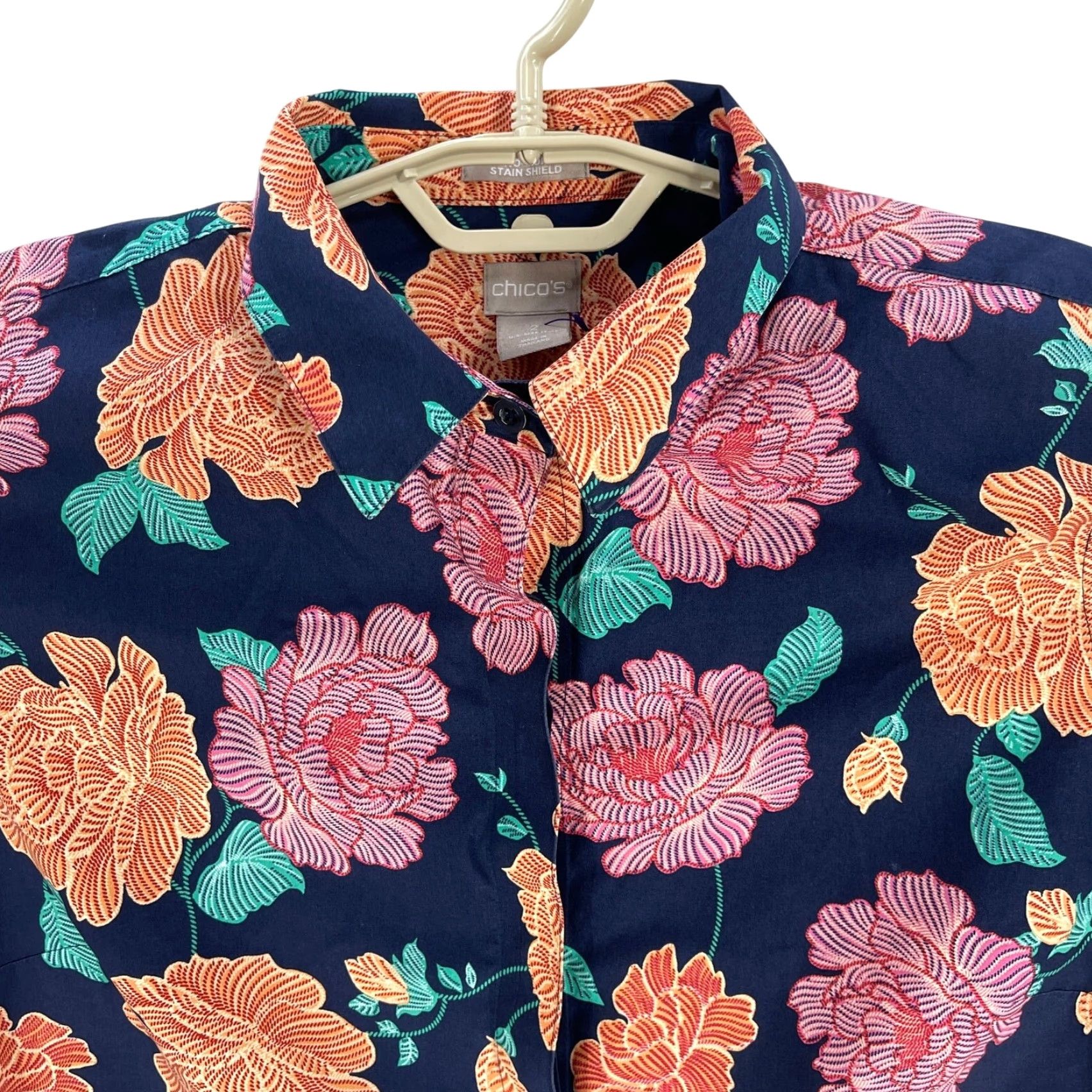 Vintage Chicos Blouse 12 Orange Pink Floral 100% Cotton Button-Up Long Sleeve Casual Shirt Womens Size XL / US 12-14 / IT 48-50 - 2 Thumbnail