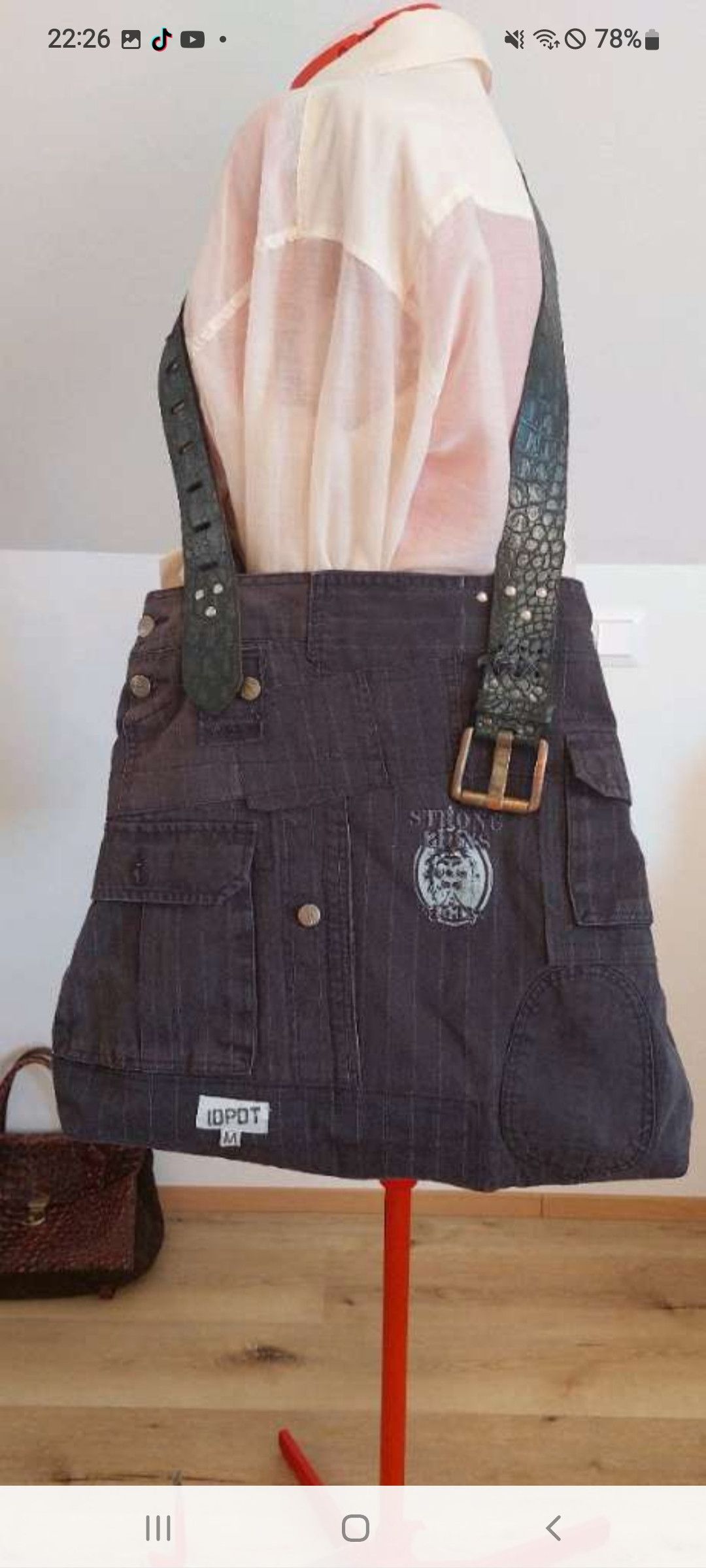 Handmade Upcycled Denim Jacket Tote with Leather Belt Straps Size ONE SIZE - 5 Thumbnail