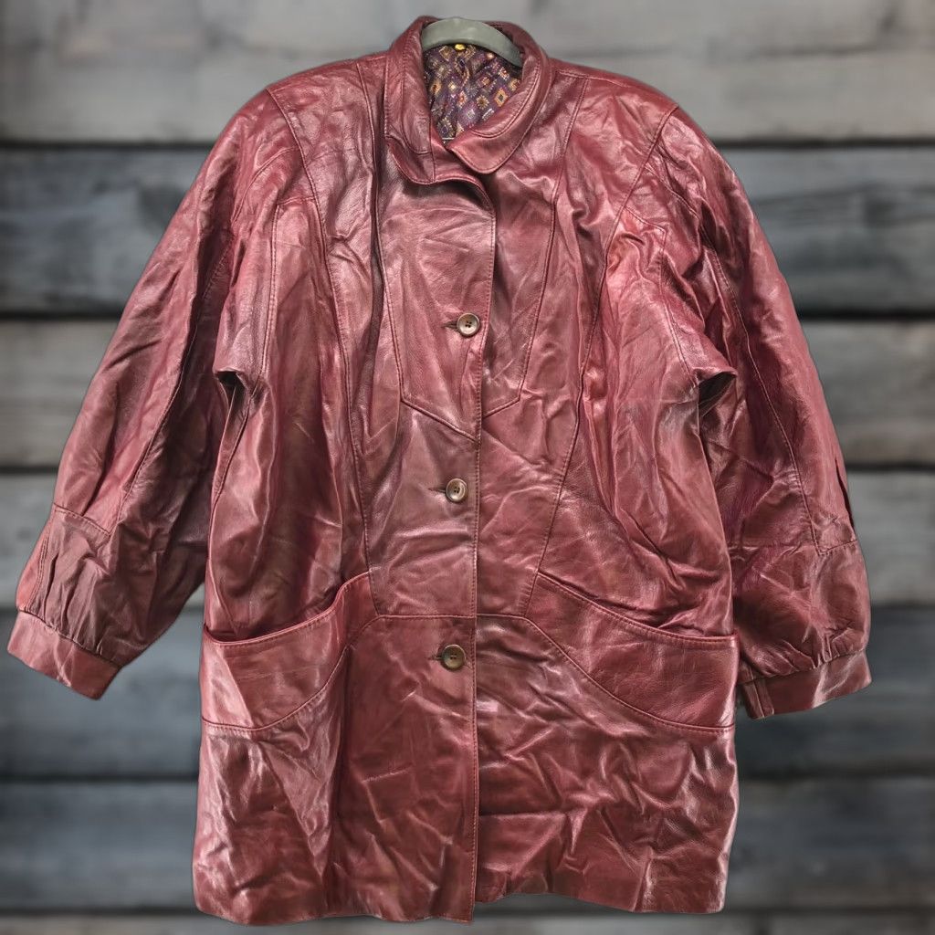 VINTAGE Leather Jacket Womens M Longline Burgundy Mahogany Made in Norway Jacket Brand: Vintage