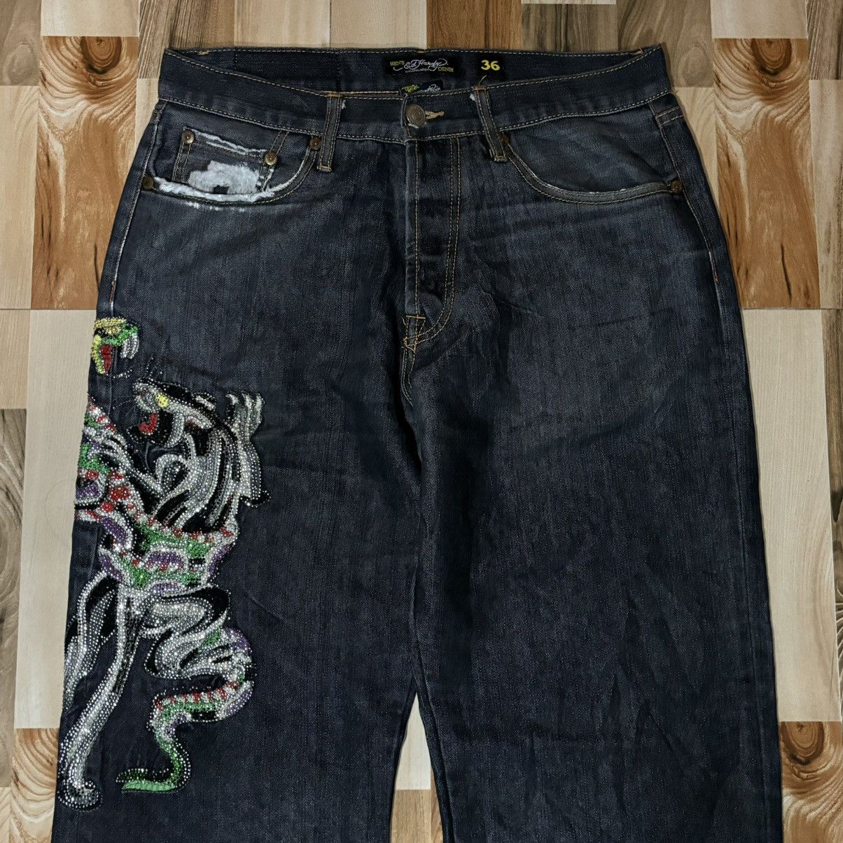 Christian Audigier × Ed Hardy Vintage 00s Edhardy Spell Out Tiger Leopard Jeans Size US 36 / EU 52 - 7 Thumbnail