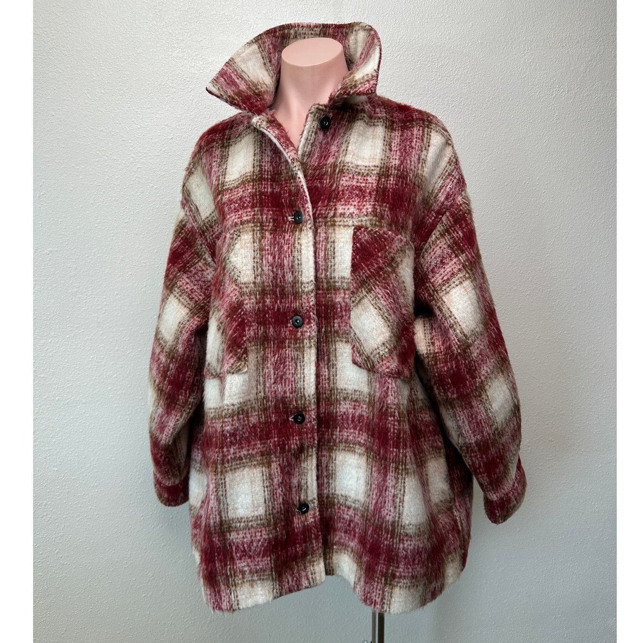 Zara Zara Jacket Red Brown Cream Plaid Womens US XL Fuzzy Size XL / US 12-14 / IT 48-50 - 3 Thumbnail