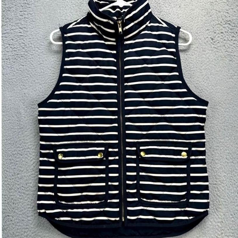 J.Crew J.CREW Goose Down Puffer Vest Womens Small Navy White Striped Full Zip Ladies Муж Size S / US 4 / IT 40 - 2 Thumbnail