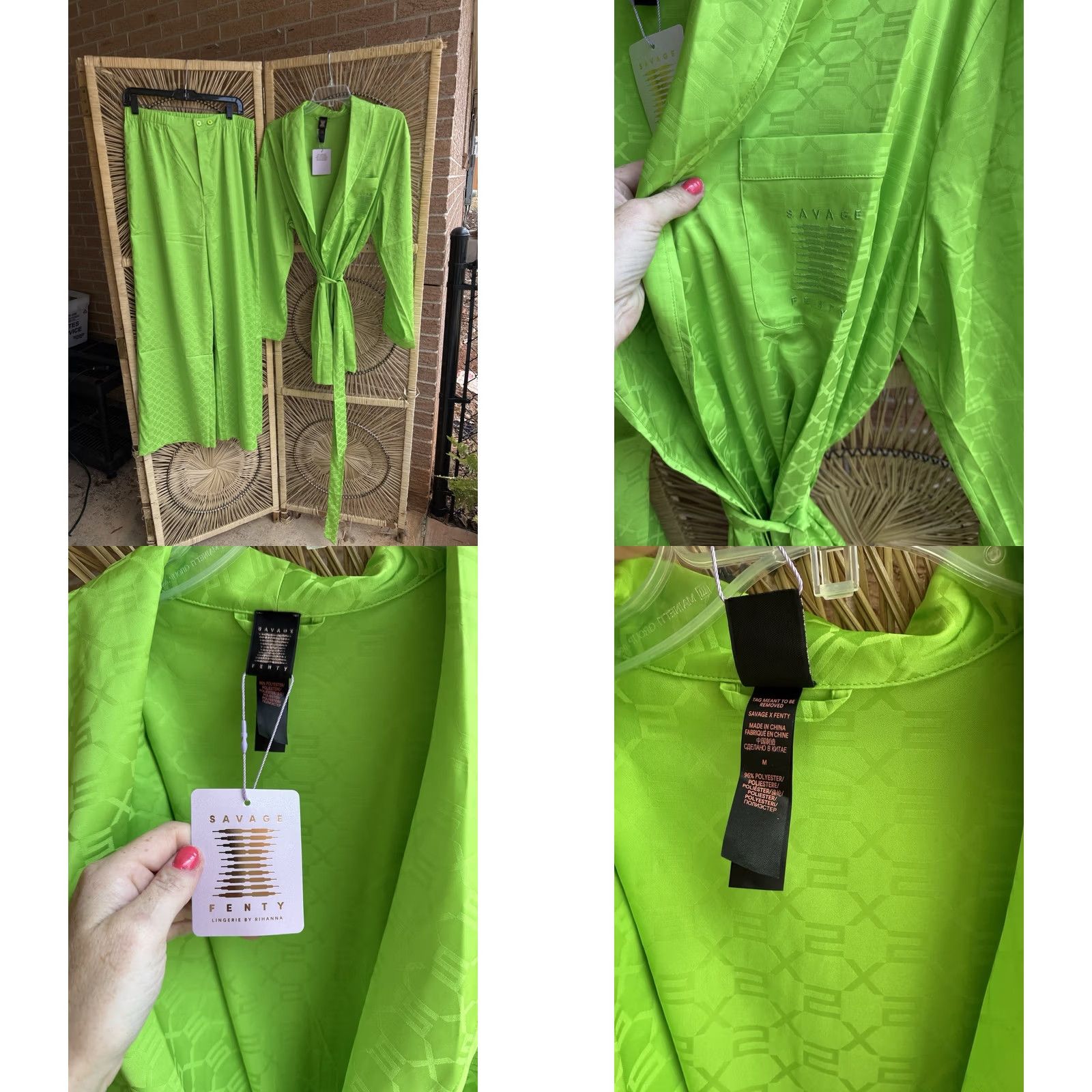 Vintage Savage Smoking Jacket and Satin Pants Kelly Green Jacquard Monogram M Men Lounge Set Size US 31 - 8 Thumbnail
