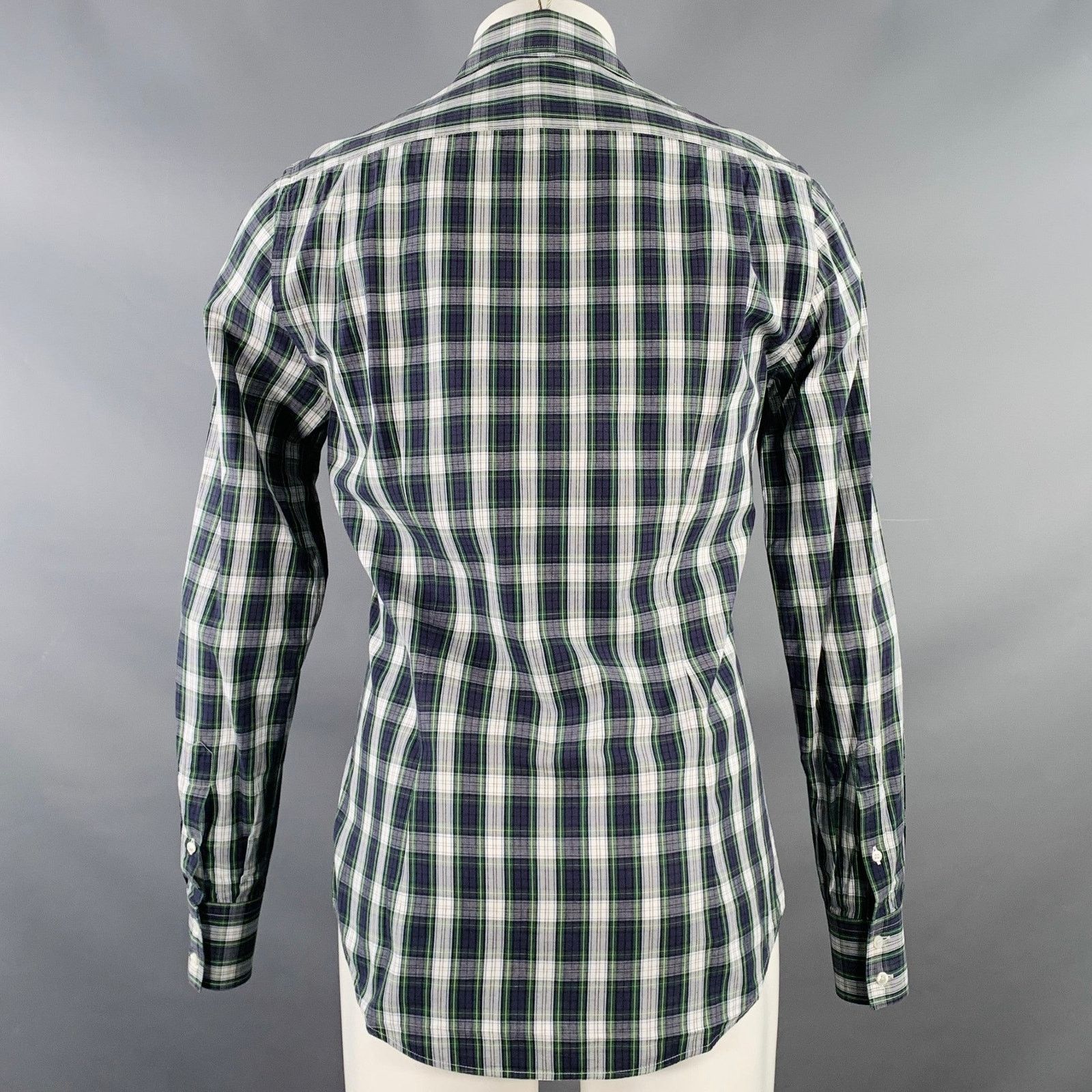 Michael Bastian Navy White Green Plaid Cotton Roll Tab Long Sleeve Shirt Size US S / EU 44-46 / 1 - 4 Thumbnail