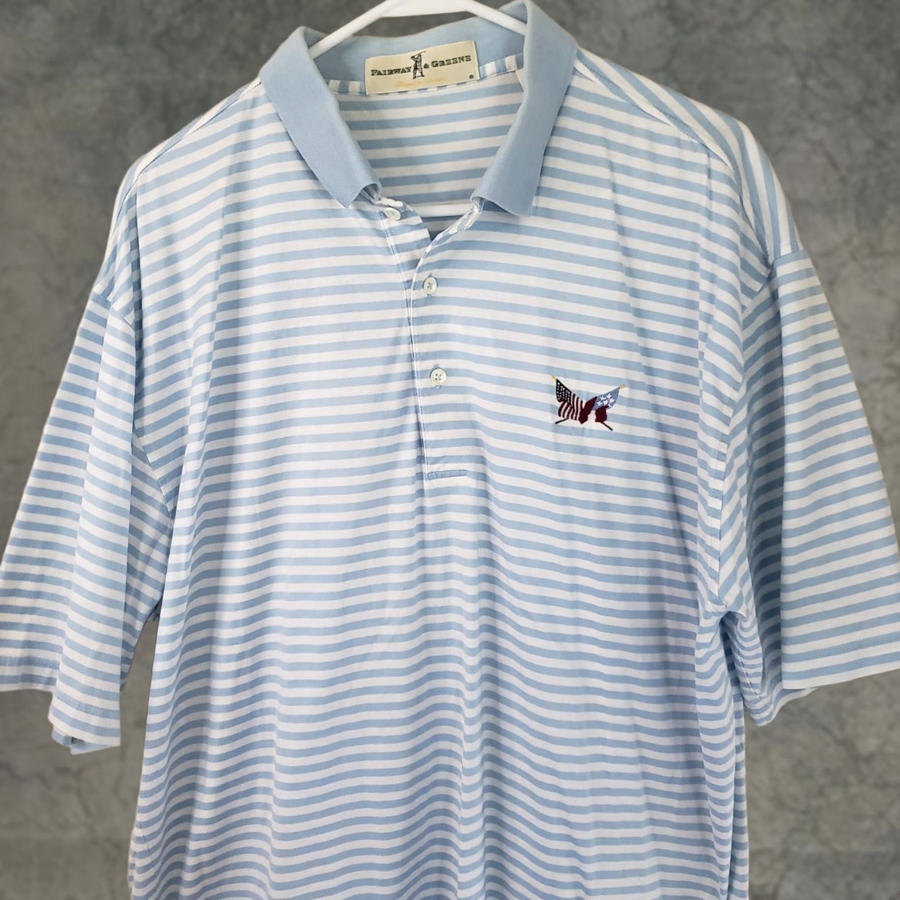 Vintage Fairway & Greene Polo Shirt Blue Striped Short Sleeve Collared Logo Embroidered Flags Chip Golf Shirt Mens L Size US L / EU 52-54 / 3 - 1 Thumbnail