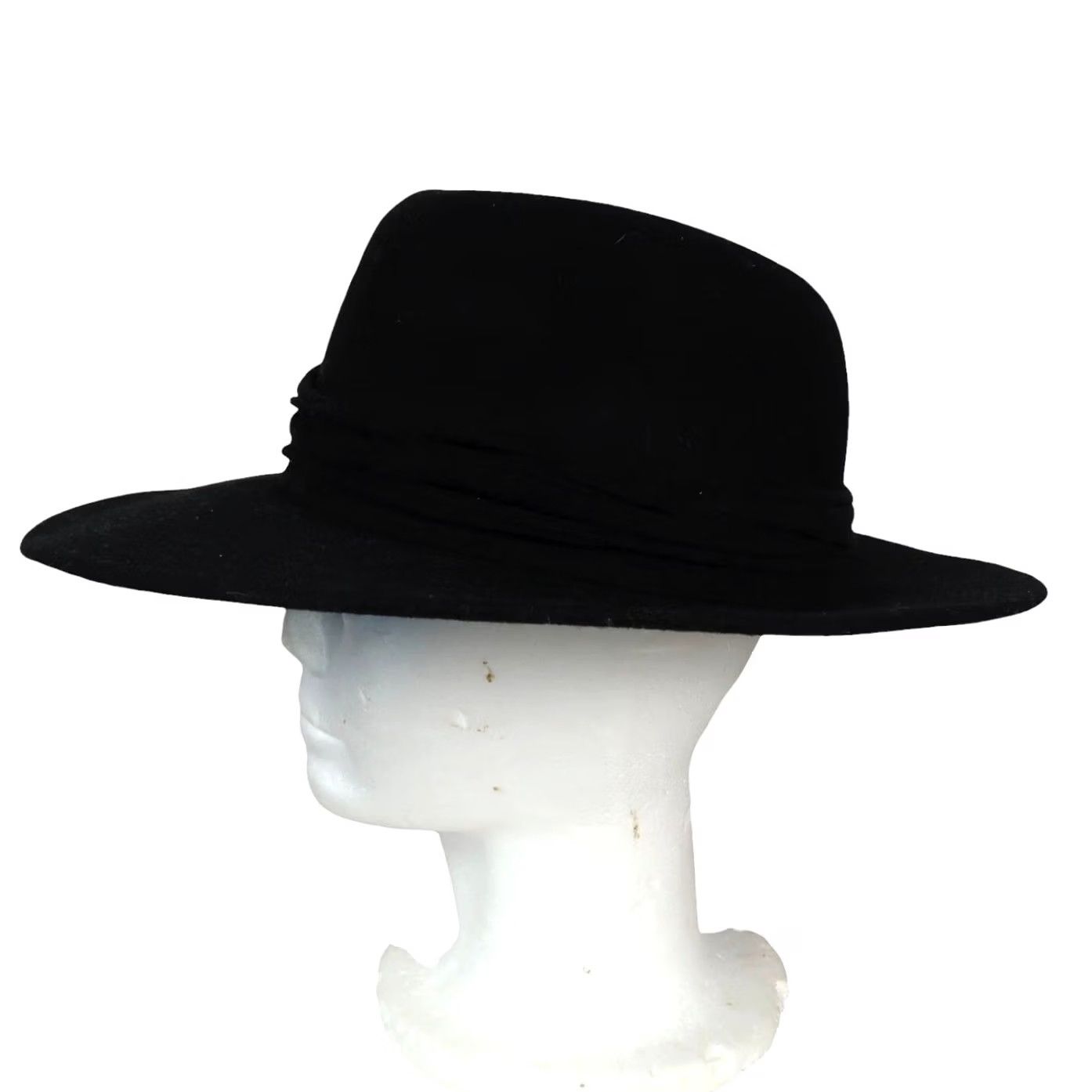 FELT VINTAGE Fedora Hat Wide Brim Black Wool Felt 70s Women One Size 23.5" circumference Size ONE SIZE - 2 Thumbnail