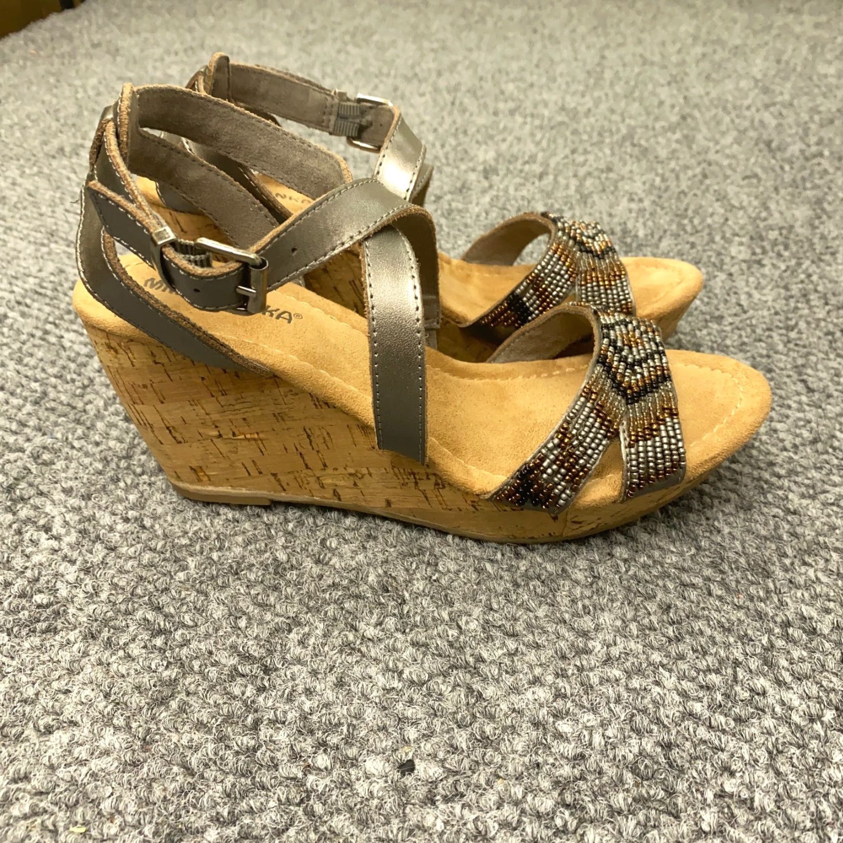 Minnetonka MINNETONKA Womens Sandals Size 7 Pewter Beaded Wedge Cork Southwestern Open Toe Size US 7 / IT 37 - 6 Thumbnail