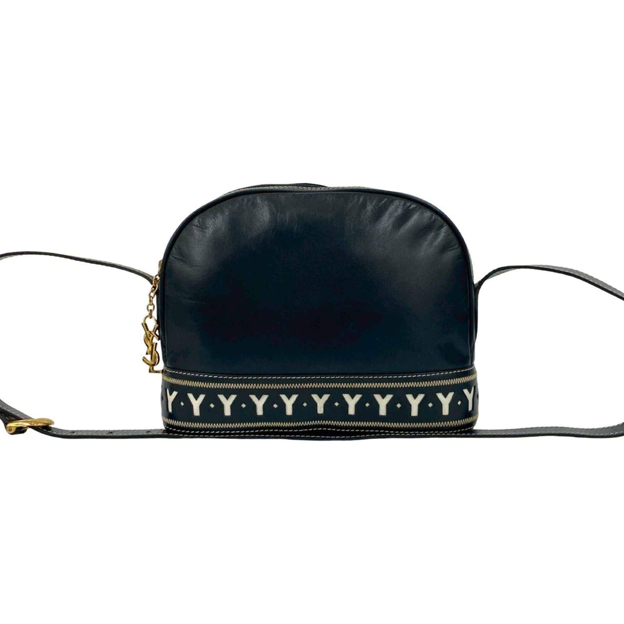 Yves Saint Laurent Yves Saint Laurent YSL Logo Cutout Leather Shoulder Bag, Navy, 33956 Size ONE SIZE - 1 Thumbnail