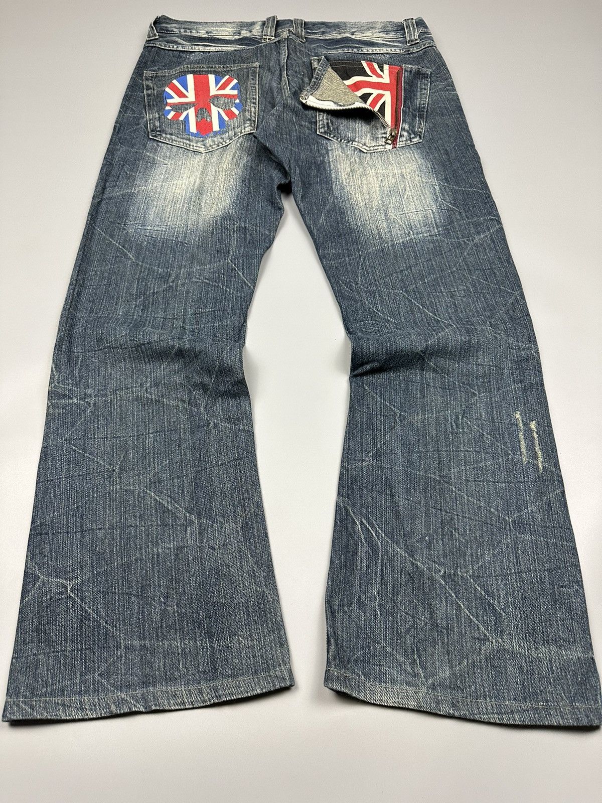 If Six Was Nine Distressed Flared Denim Jack Serika Britain Skull Bones Size US 34 / EU 50 - 3 Thumbnail