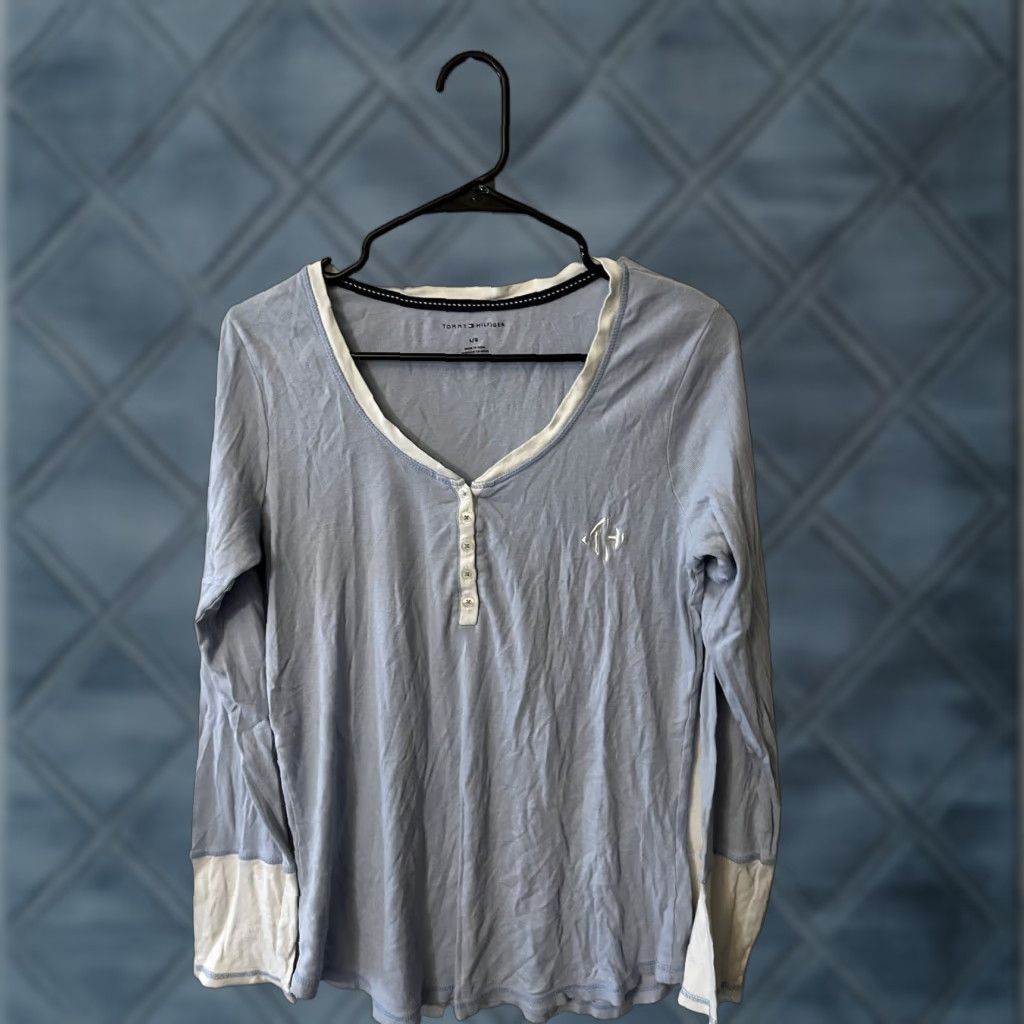 Tommy Hilfiger Tommy Hilfiger Womens Cotton Blend Henley Long Sleeve Shirt Blue Large Size L / US 10 / IT 46 - 1 Thumbnail