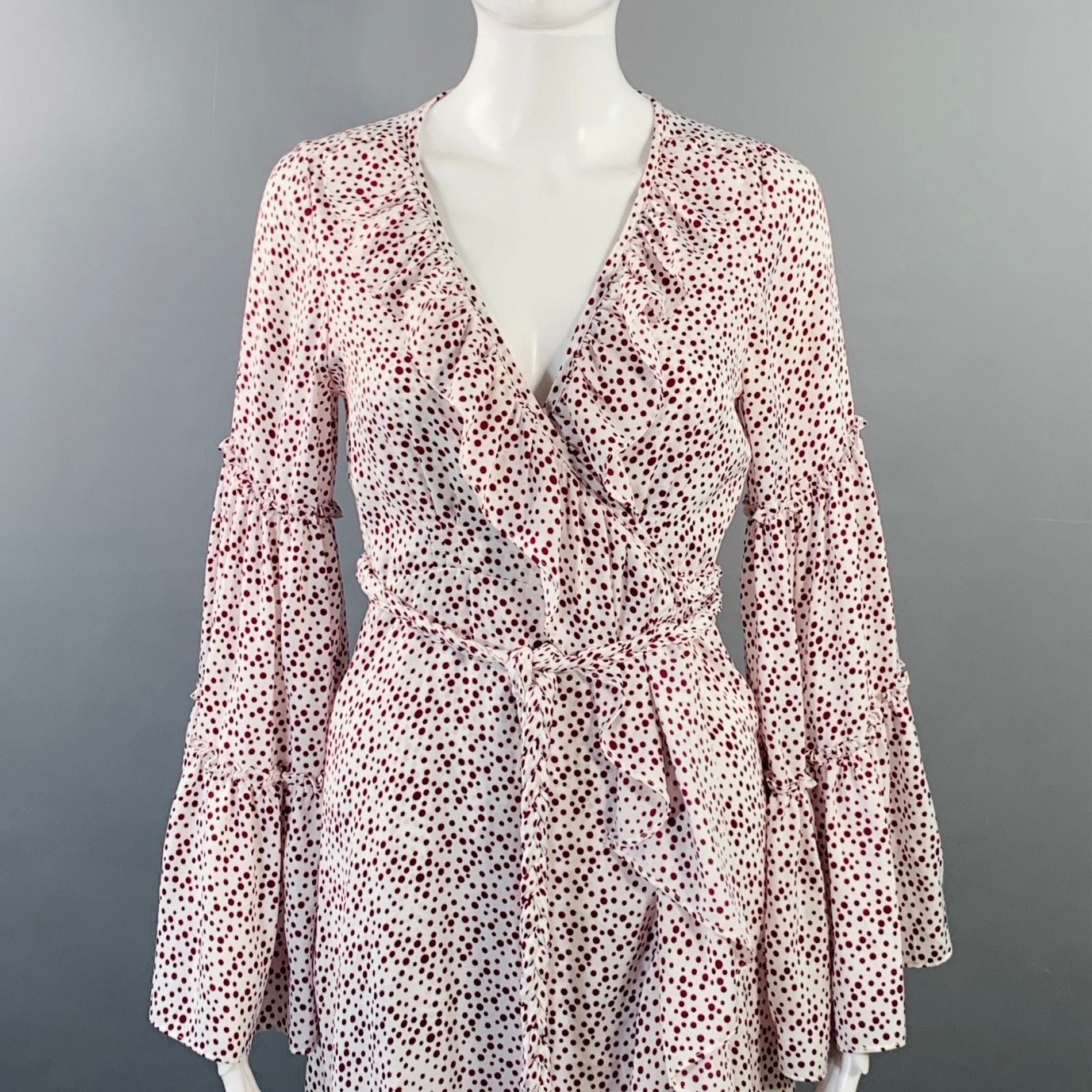 MISA Los Angeles MISA Size XS White Burgundy Viscose Dots Ruffle Wrap Dress Size XS / US 0-2 / IT 36-38 - 2 Thumbnail