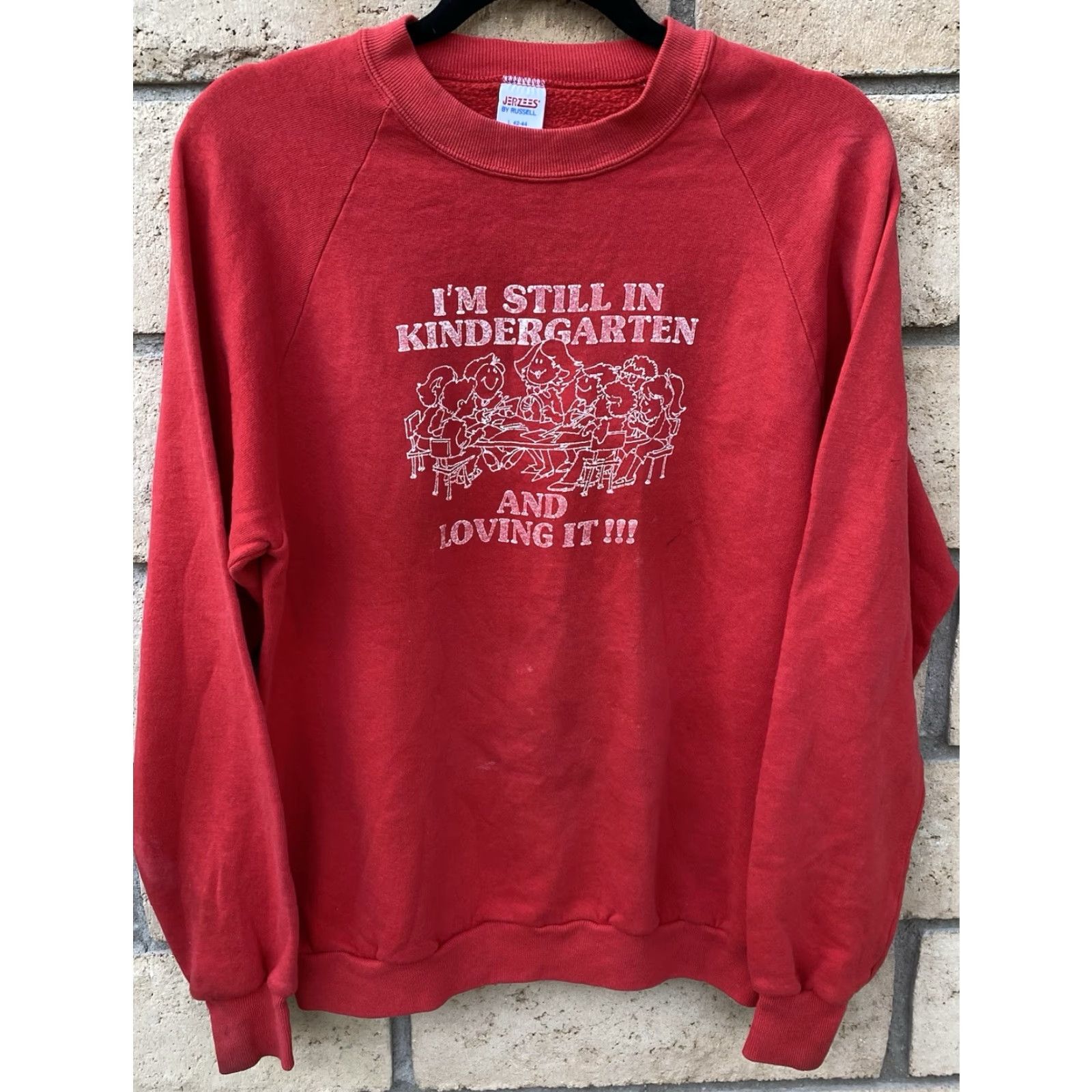 Jerzees VINTAGE Im Still In Kindergarten And Loving It Raglan Sweatshirt Worn Distressed Mens L Red Jerzees Graphic Print Cotton Blend Pullover Long Sleeve Size US L / EU 52-54 / 3 - 7 Thumbnail